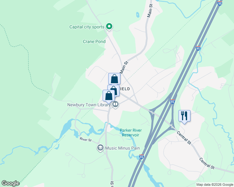 map of restaurants, bars, coffee shops, grocery stores, and more near 2 Central Street in Newbury