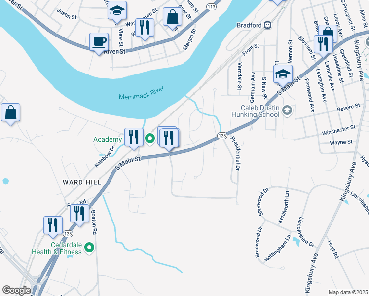 map of restaurants, bars, coffee shops, grocery stores, and more near 655 South Main Street in Haverhill