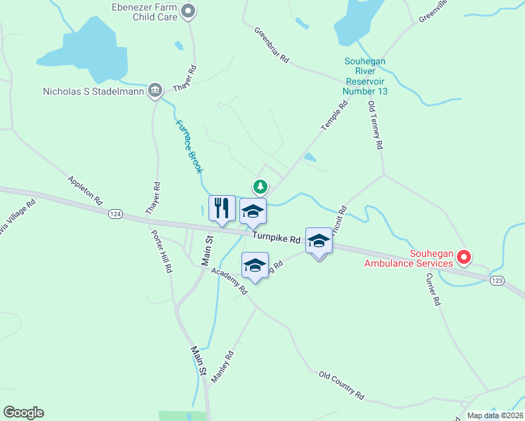 map of restaurants, bars, coffee shops, grocery stores, and more near 23 Temple Road in New Ipswich