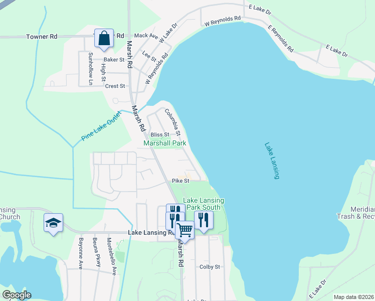 map of restaurants, bars, coffee shops, grocery stores, and more near 6102 Columbia Street in Haslett