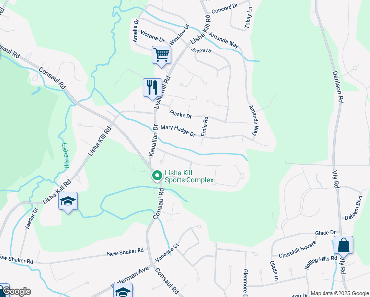 map of restaurants, bars, coffee shops, grocery stores, and more near 16 Shinnecock Hills Drive in Albany