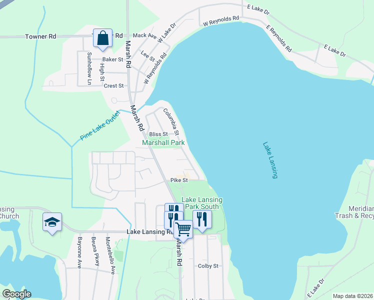 map of restaurants, bars, coffee shops, grocery stores, and more near 6102 Columbia Street in Haslett