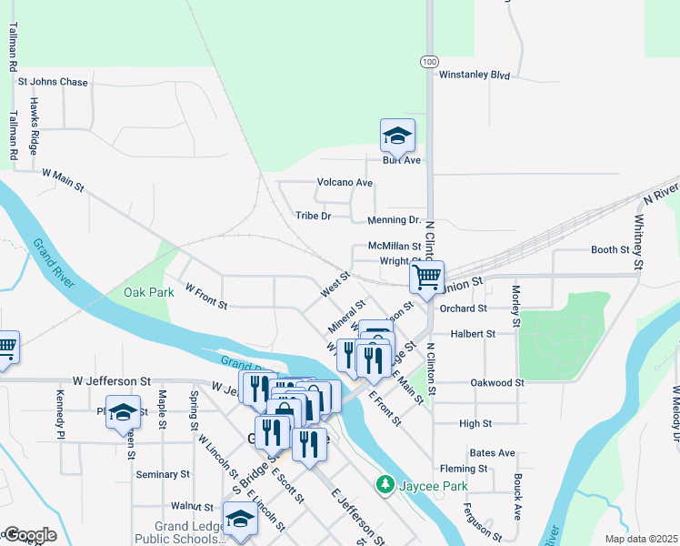 map of restaurants, bars, coffee shops, grocery stores, and more near 323 West Street in Grand Ledge