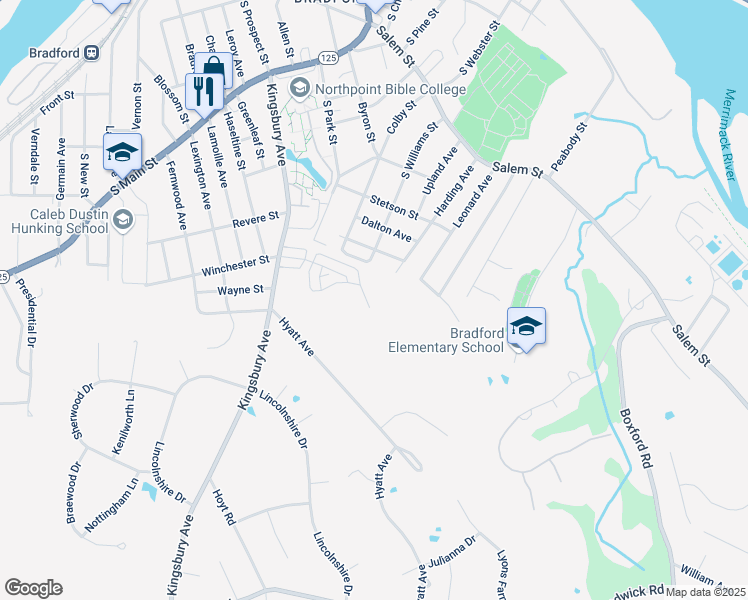 map of restaurants, bars, coffee shops, grocery stores, and more near 12 Bicknell Circle in Haverhill