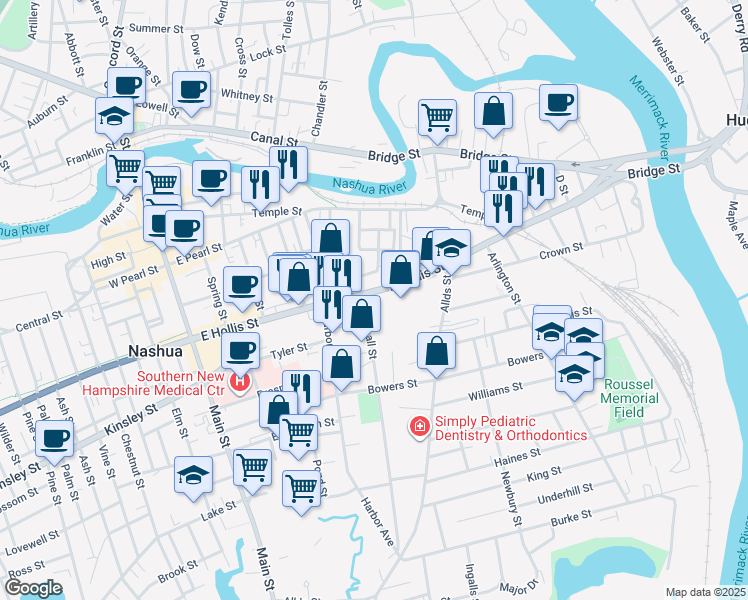 map of restaurants, bars, coffee shops, grocery stores, and more near 12 Marshall Street in Nashua