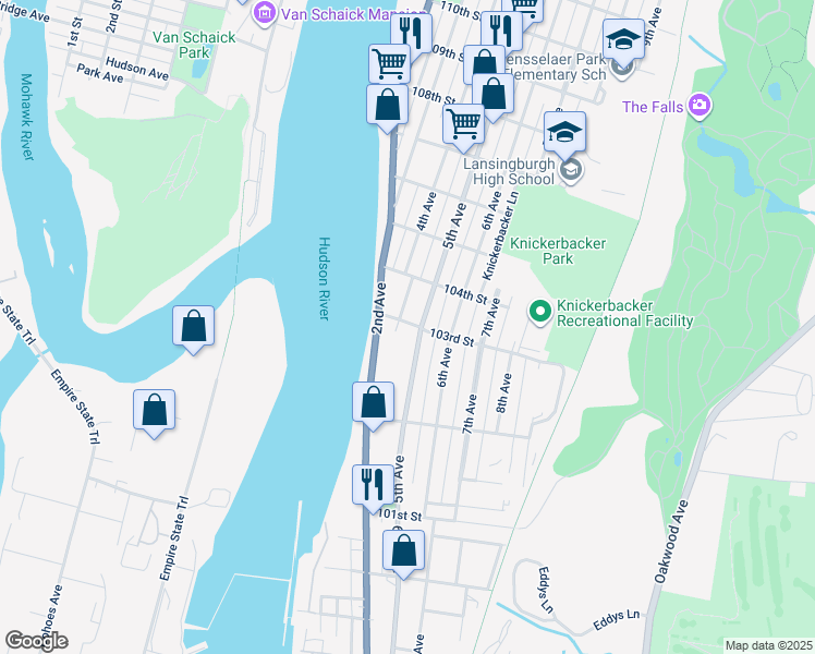 map of restaurants, bars, coffee shops, grocery stores, and more near 172 2nd Avenue in Troy