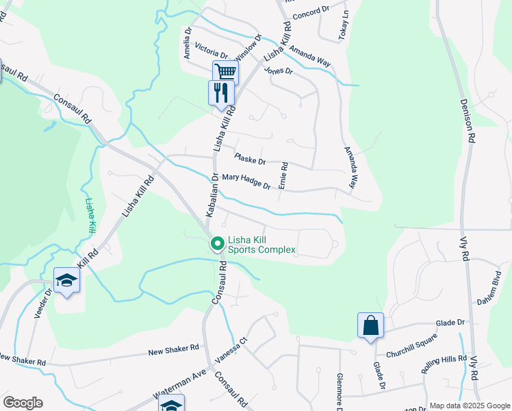 map of restaurants, bars, coffee shops, grocery stores, and more near 16 Shinnecock Hills Drive in Albany