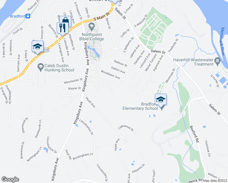 map of restaurants, bars, coffee shops, grocery stores, and more near 12 Bicknell Circle in Haverhill