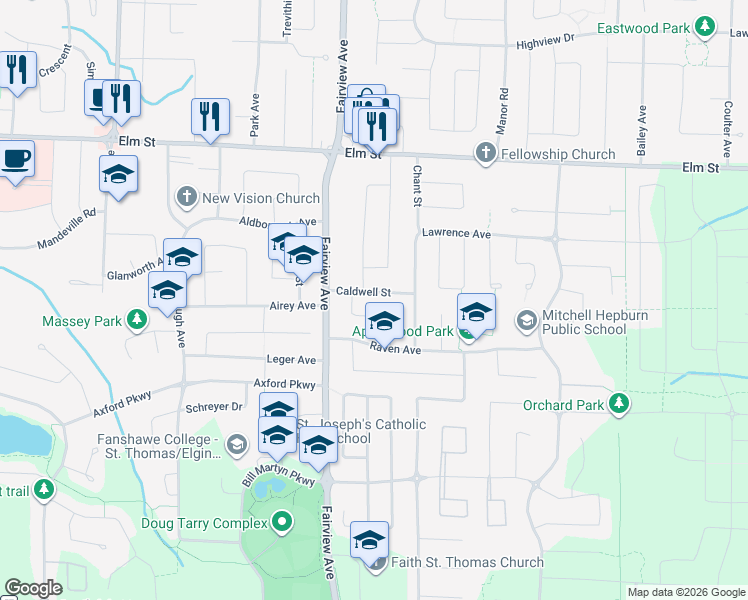 map of restaurants, bars, coffee shops, grocery stores, and more near 22 Caldwell Street in St. Thomas