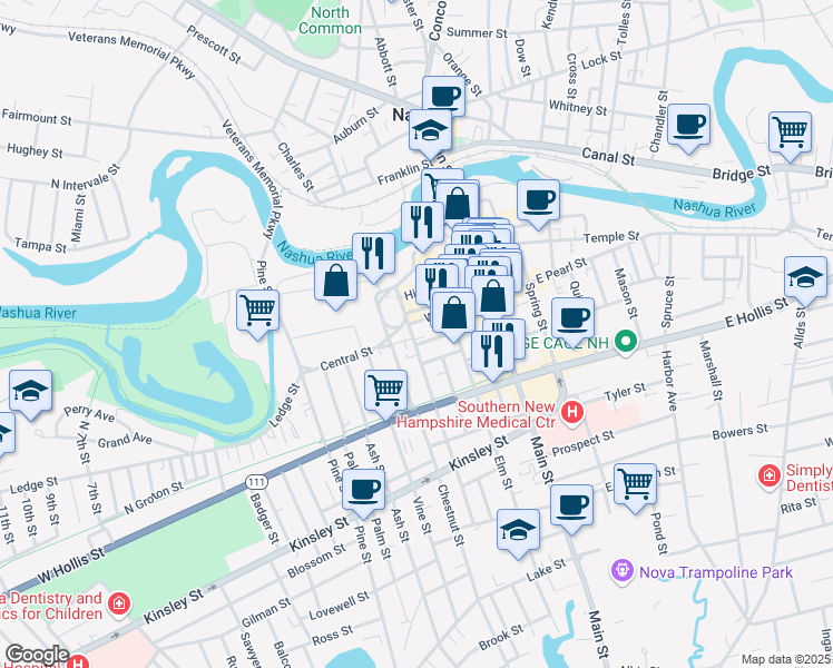 map of restaurants, bars, coffee shops, grocery stores, and more near 54 Walnut Street in Nashua