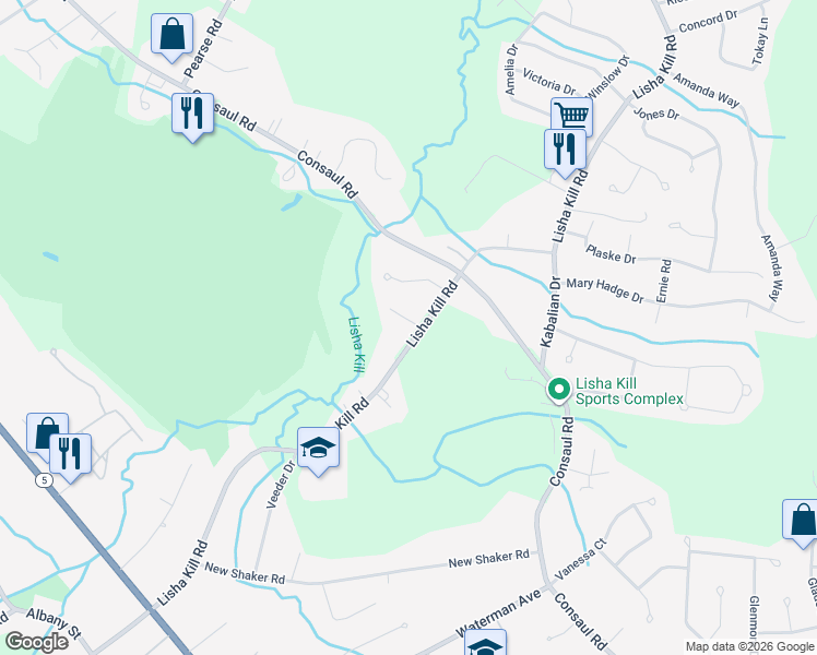 map of restaurants, bars, coffee shops, grocery stores, and more near 134 Lisha Kill Road in Albany