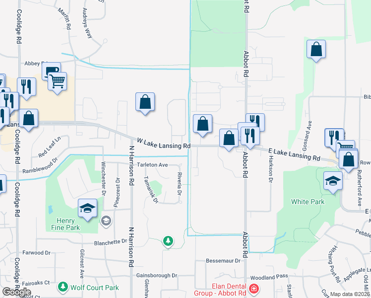 map of restaurants, bars, coffee shops, grocery stores, and more near 421 West Lake Lansing Road in East Lansing