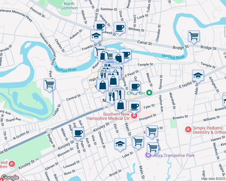 map of restaurants, bars, coffee shops, grocery stores, and more near 222 Main Street in Nashua