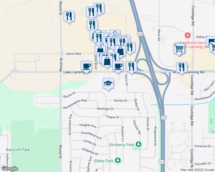 map of restaurants, bars, coffee shops, grocery stores, and more near 2516 Lake Lansing Road in Lansing