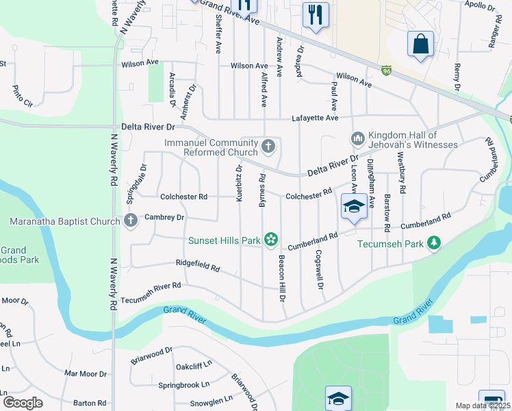 map of restaurants, bars, coffee shops, grocery stores, and more near 2407 Byrnes Road in Lansing