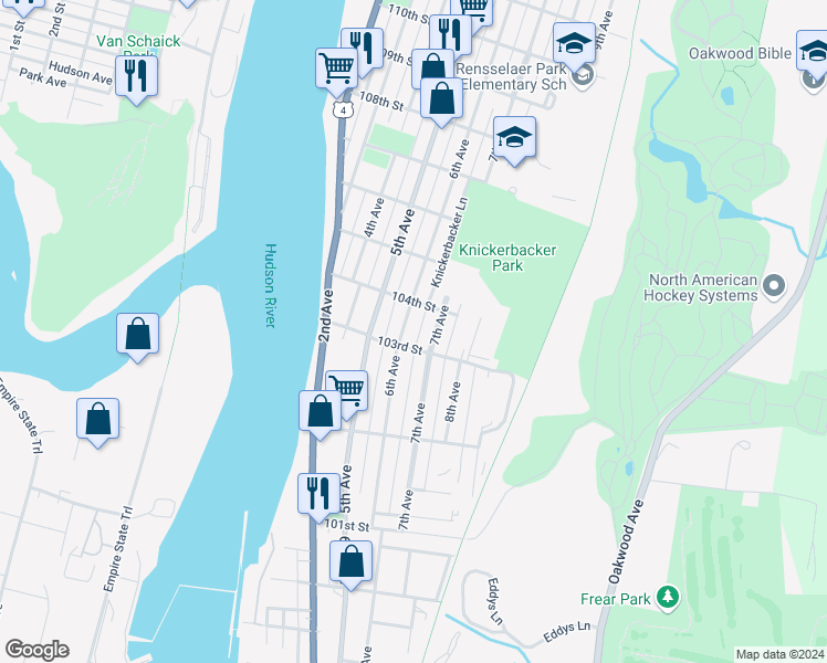 map of restaurants, bars, coffee shops, grocery stores, and more near 182 6th Avenue in Troy