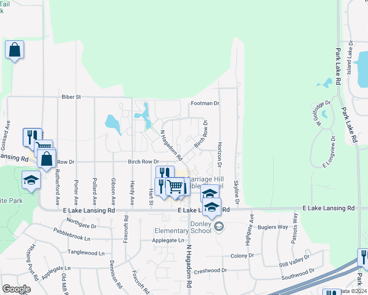map of restaurants, bars, coffee shops, grocery stores, and more near in Meridian charter Township