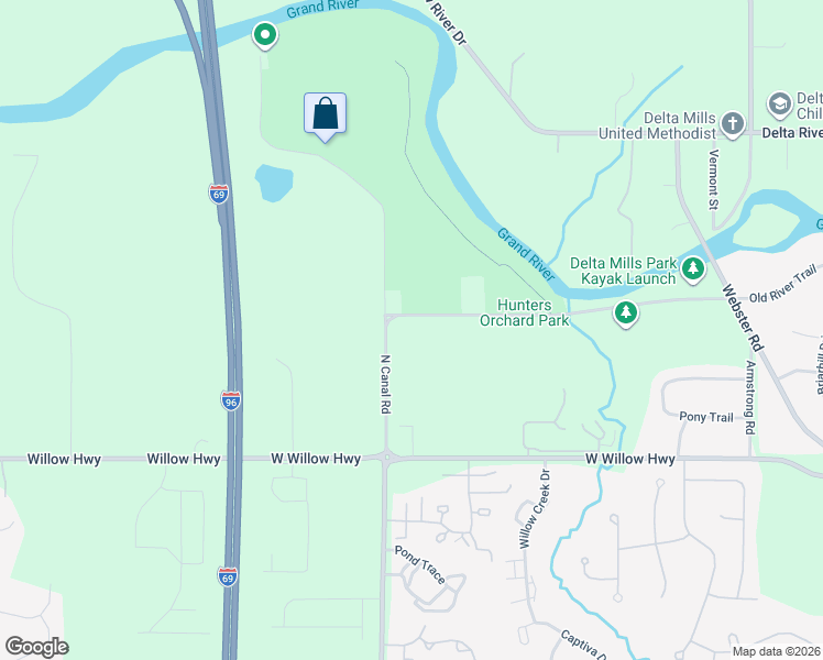 map of restaurants, bars, coffee shops, grocery stores, and more near 7501 West Old River Trail in Lansing