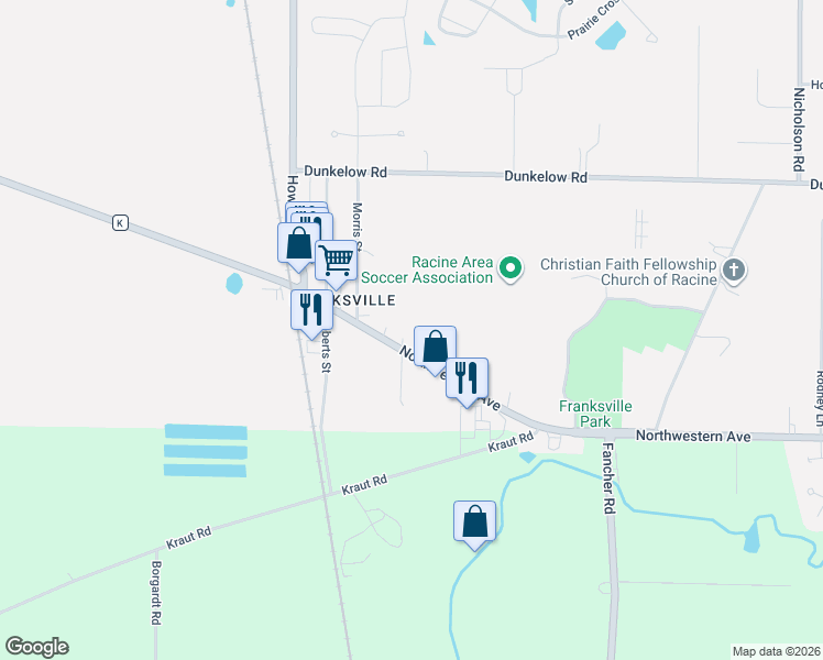 map of restaurants, bars, coffee shops, grocery stores, and more near 10232 Northwestern Avenue in Caledonia