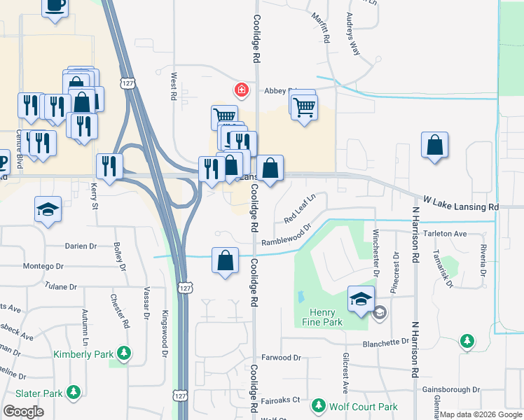 map of restaurants, bars, coffee shops, grocery stores, and more near 2149 Rolling Brook Lane in East Lansing