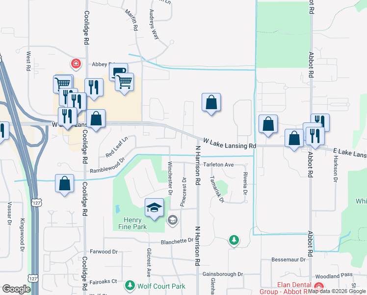 map of restaurants, bars, coffee shops, grocery stores, and more near 2158 Regency Drive in East Lansing