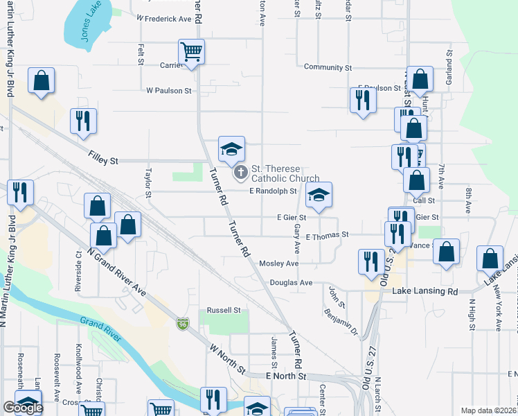 map of restaurants, bars, coffee shops, grocery stores, and more near 115 East Gier Street in Lansing