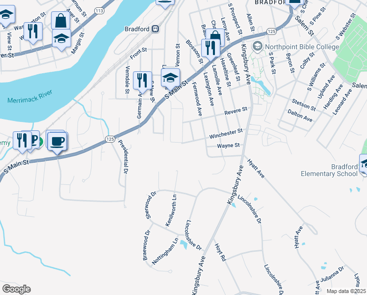 map of restaurants, bars, coffee shops, grocery stores, and more near 98 Winchester Street in Haverhill