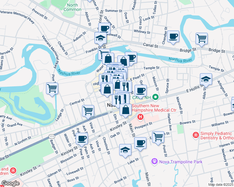 map of restaurants, bars, coffee shops, grocery stores, and more near 222 Main Street in Nashua