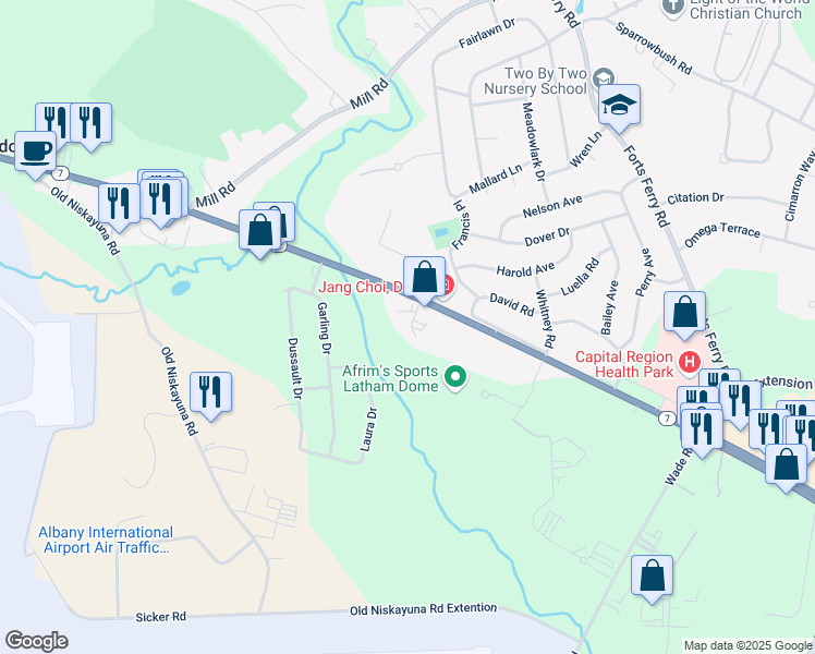 map of restaurants, bars, coffee shops, grocery stores, and more near 836 Troy Schenectady Road in Latham