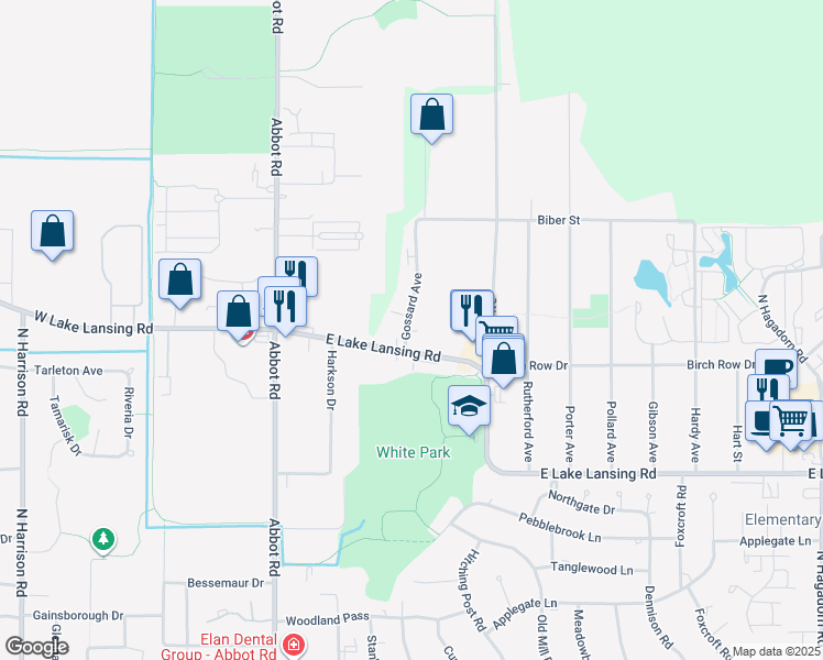 map of restaurants, bars, coffee shops, grocery stores, and more near 6122 Gossard Avenue in East Lansing