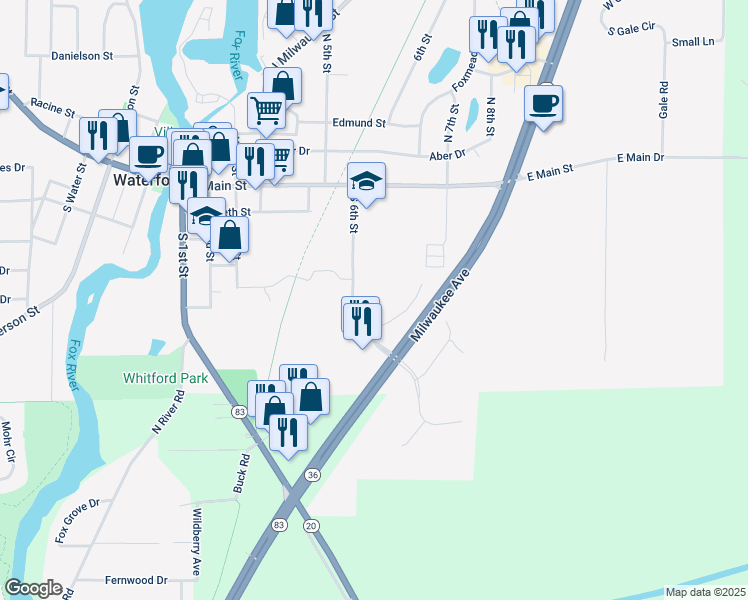 map of restaurants, bars, coffee shops, grocery stores, and more near 301 S 6th Street in Waterford