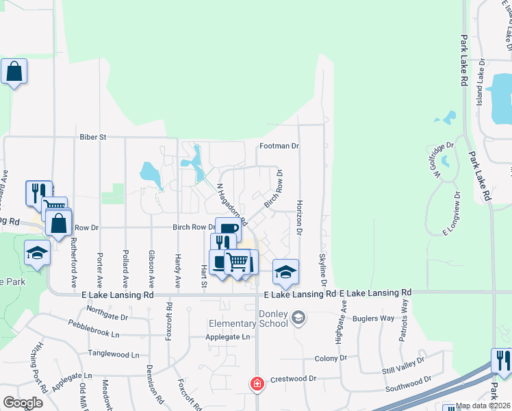 map of restaurants, bars, coffee shops, grocery stores, and more near 6128 Coach House Drive in East Lansing