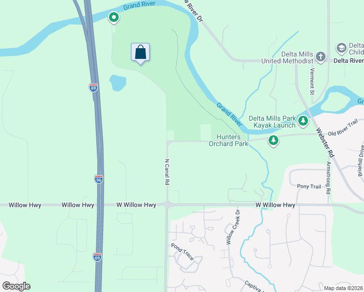 map of restaurants, bars, coffee shops, grocery stores, and more near 7501 West Old River Trail in Lansing