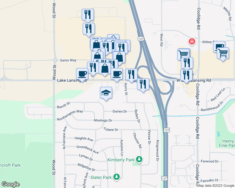 map of restaurants, bars, coffee shops, grocery stores, and more near 2503 Kerry Street in Lansing