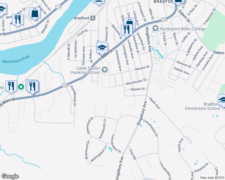 map of restaurants, bars, coffee shops, grocery stores, and more near 90 Winchester Street in Haverhill
