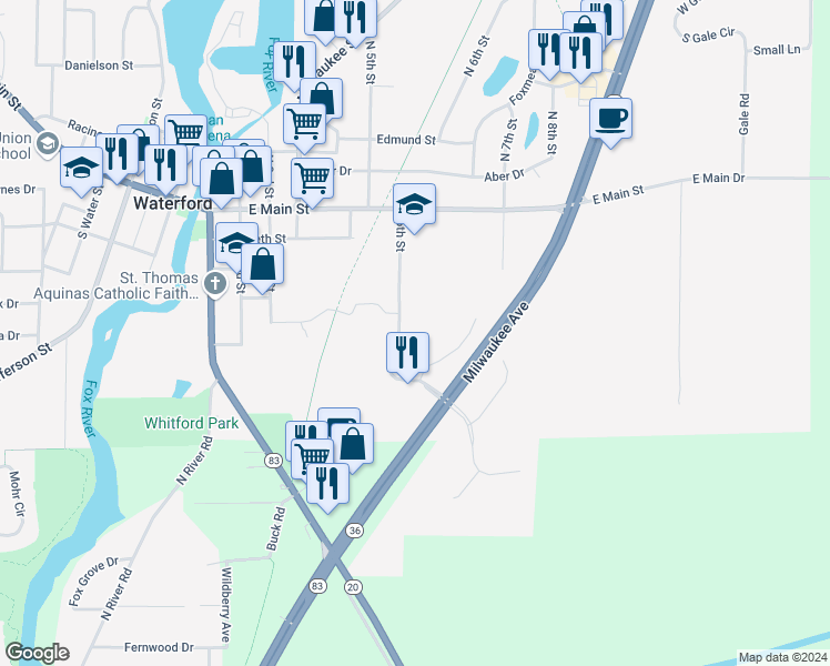 map of restaurants, bars, coffee shops, grocery stores, and more near 301 6th Street in Waterford