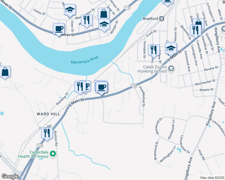 map of restaurants, bars, coffee shops, grocery stores, and more near 655 South Main Street in Haverhill