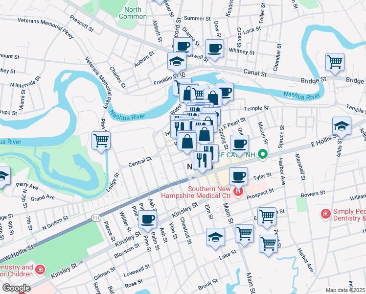 map of restaurants, bars, coffee shops, grocery stores, and more near 15 Elm Street in Nashua