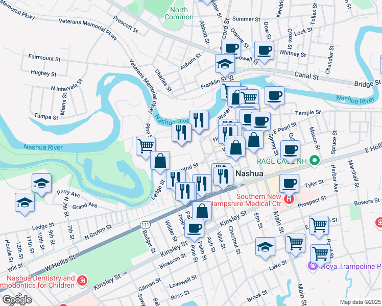 map of restaurants, bars, coffee shops, grocery stores, and more near 26 Myrtle Street in Nashua