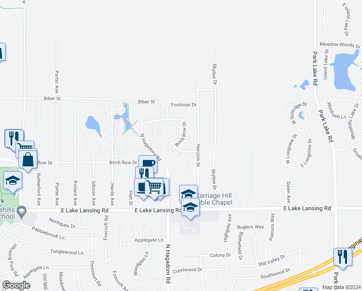 map of restaurants, bars, coffee shops, grocery stores, and more near 2960 Briarwick Court in East Lansing