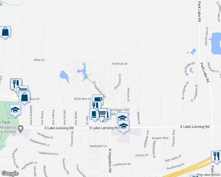 map of restaurants, bars, coffee shops, grocery stores, and more near 6128 Coach House Drive in East Lansing
