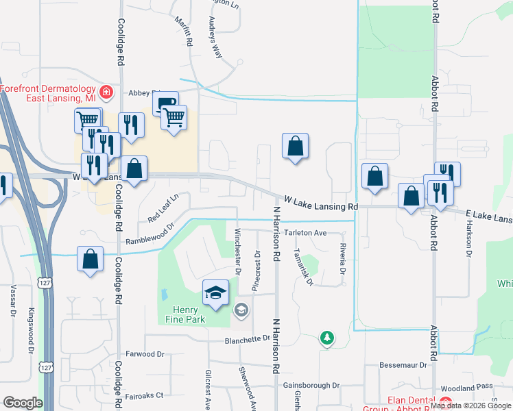 map of restaurants, bars, coffee shops, grocery stores, and more near 2158 Regency Drive in East Lansing