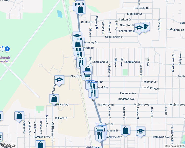 map of restaurants, bars, coffee shops, grocery stores, and more near 1515 South Street in Racine