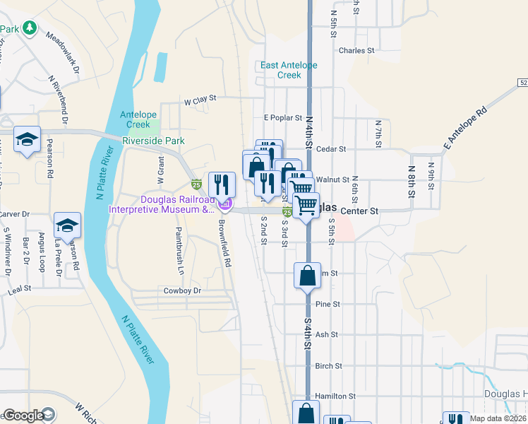 map of restaurants, bars, coffee shops, grocery stores, and more near 42 South 2nd Street in Douglas