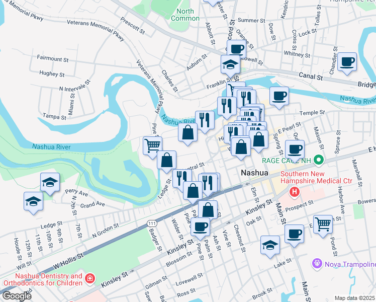 map of restaurants, bars, coffee shops, grocery stores, and more near 26 Myrtle Street in Nashua