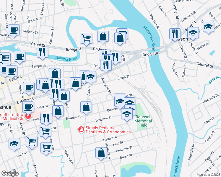 map of restaurants, bars, coffee shops, grocery stores, and more near in Nashua