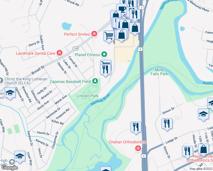 map of restaurants, bars, coffee shops, grocery stores, and more near 120 Coliseum Avenue in Nashua