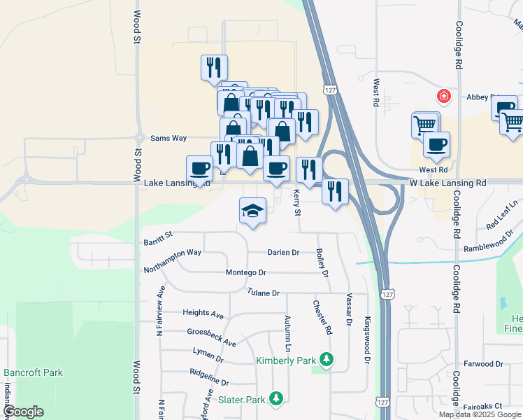 map of restaurants, bars, coffee shops, grocery stores, and more near 2516 Lake Lansing Road in Lansing