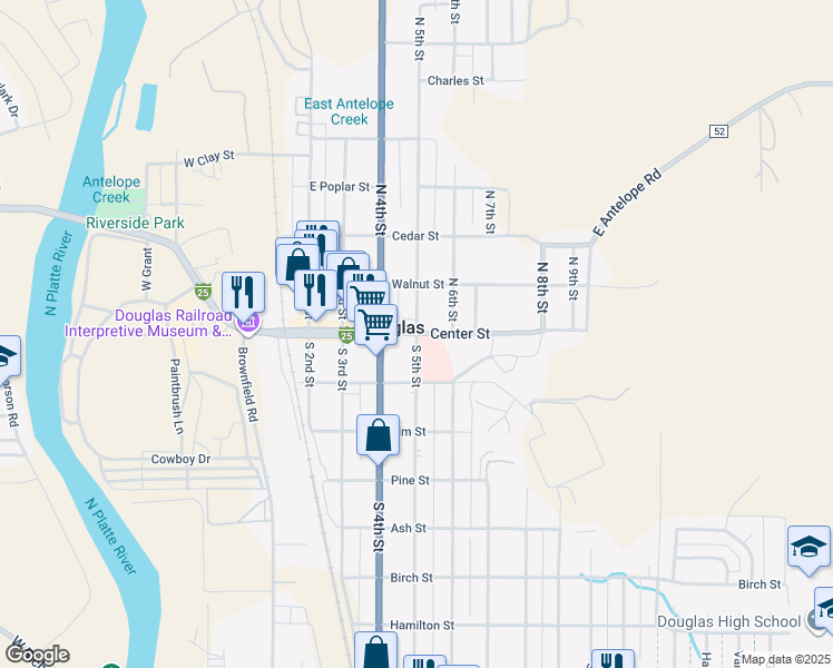 map of restaurants, bars, coffee shops, grocery stores, and more near Center Street in Douglas