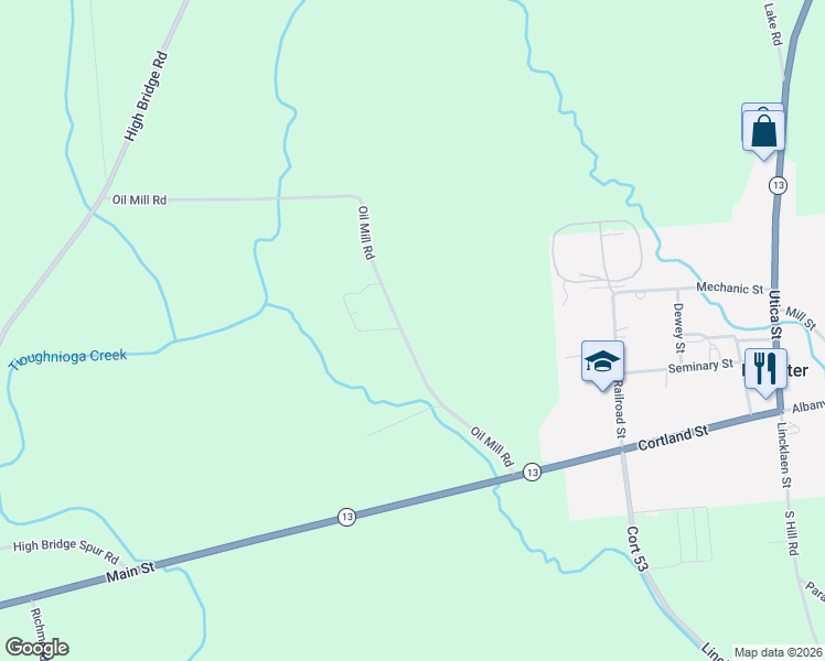 map of restaurants, bars, coffee shops, grocery stores, and more near 7294 Oil Mill Road in DeRuyter